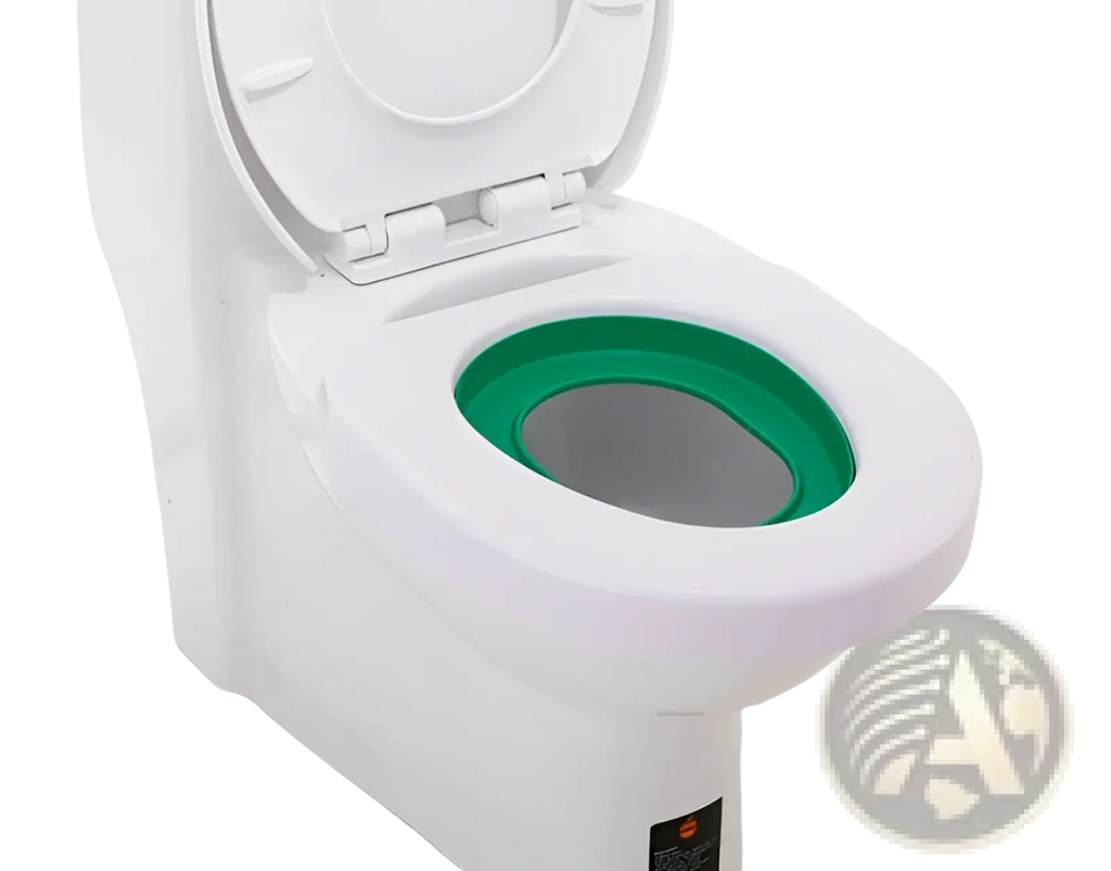Green silicone toilet seat ring for cat toilet training system shown from the back side highlighting its material and color