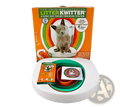 White plastic cat toilet training system with green silicone seat ring and orange instructional booklet visible