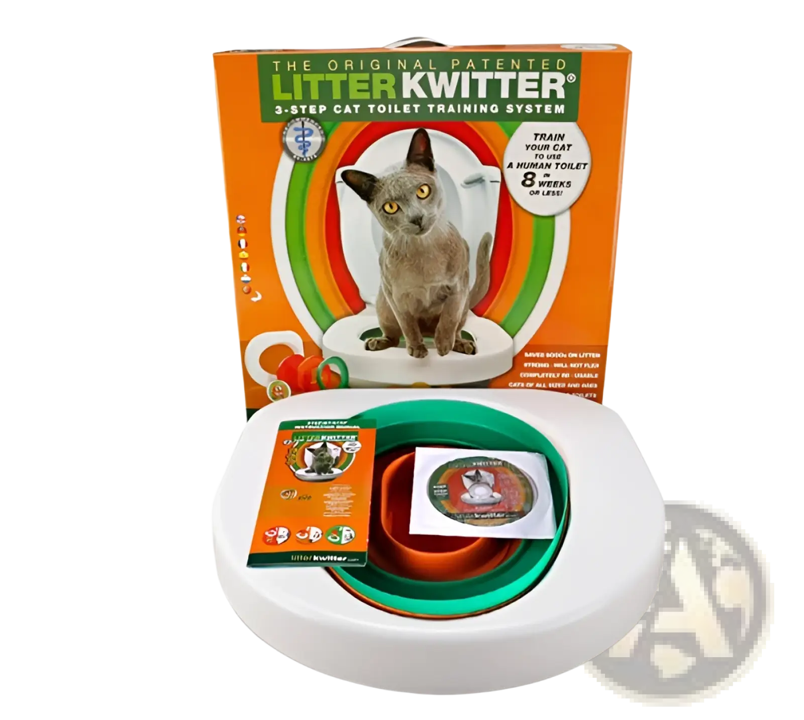 White plastic cat toilet training system with green silicone seat ring and orange instructional booklet visible