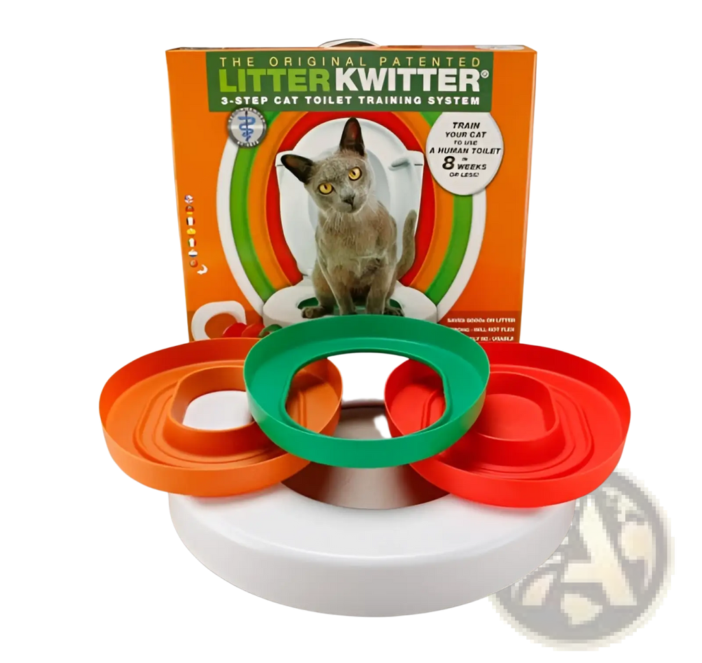 The litter kwitter cat toilet training system features colorful orange green and red plastic rings on a white base