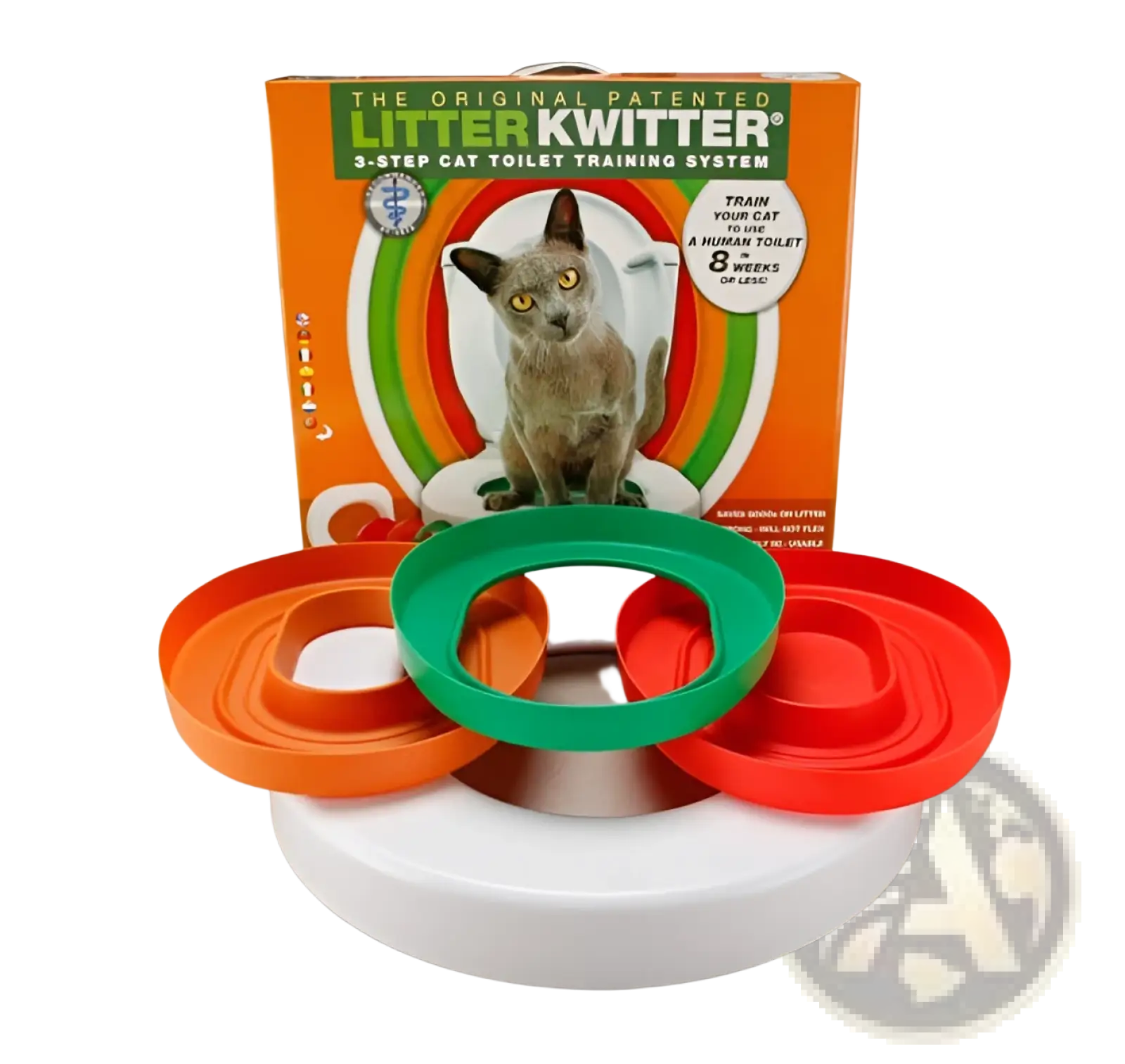 The litter kwitter cat toilet training system features colorful orange green and red plastic rings on a white base