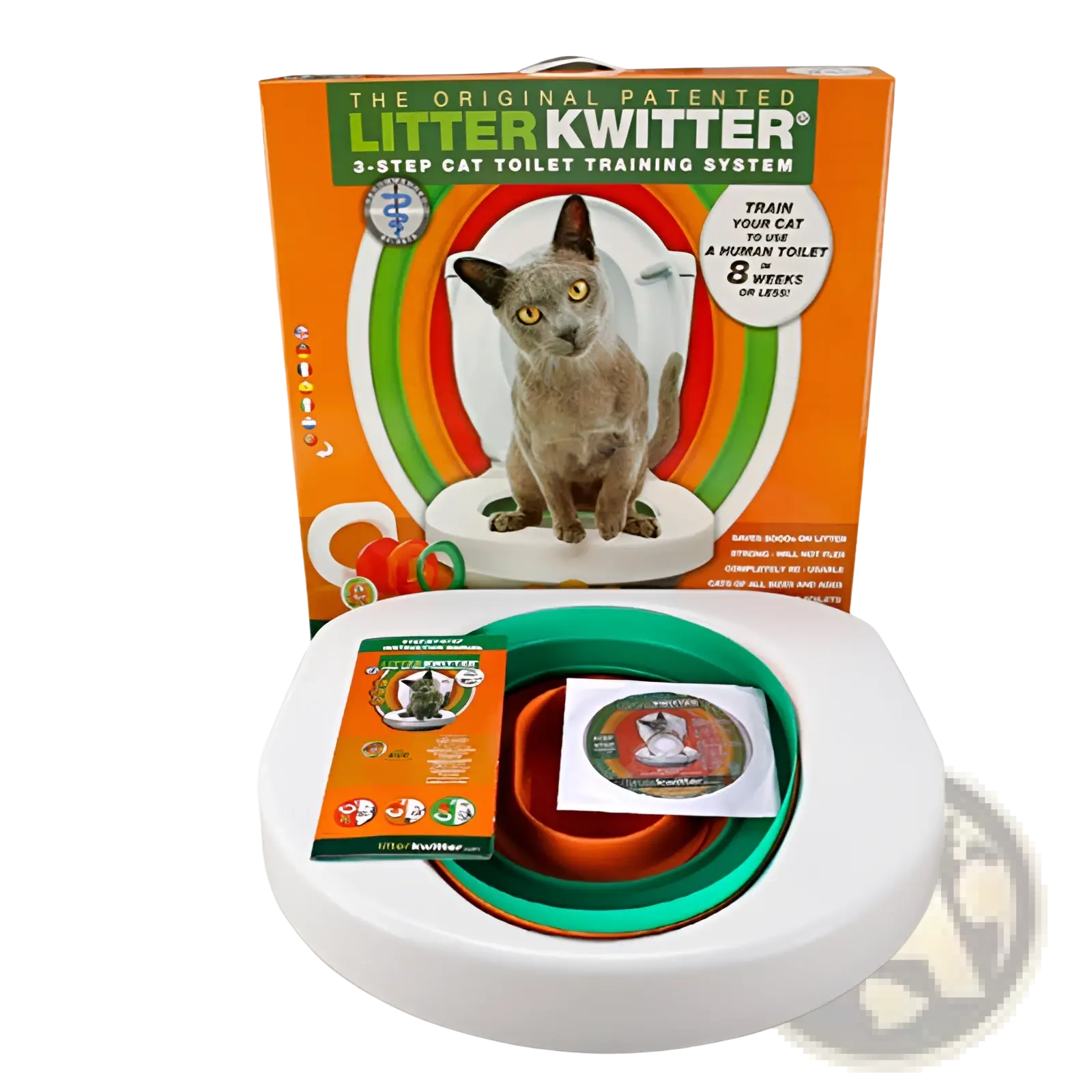 White plastic cat toilet training system with green silicone seat ring and orange components for pet hygiene use