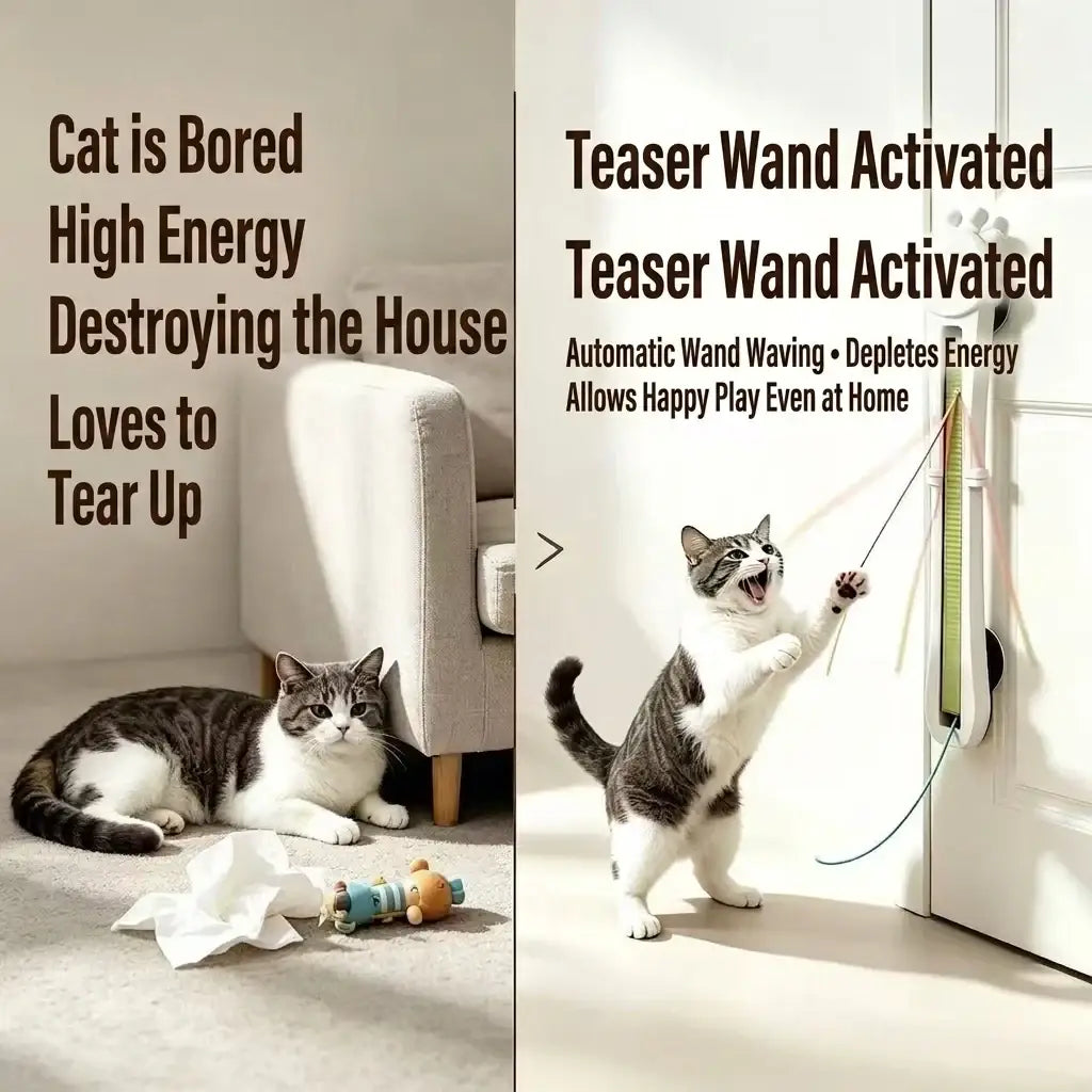 Gray and white tabby cat playing with automatic flying rope interactive giraffe toy cat toys for energetic pets