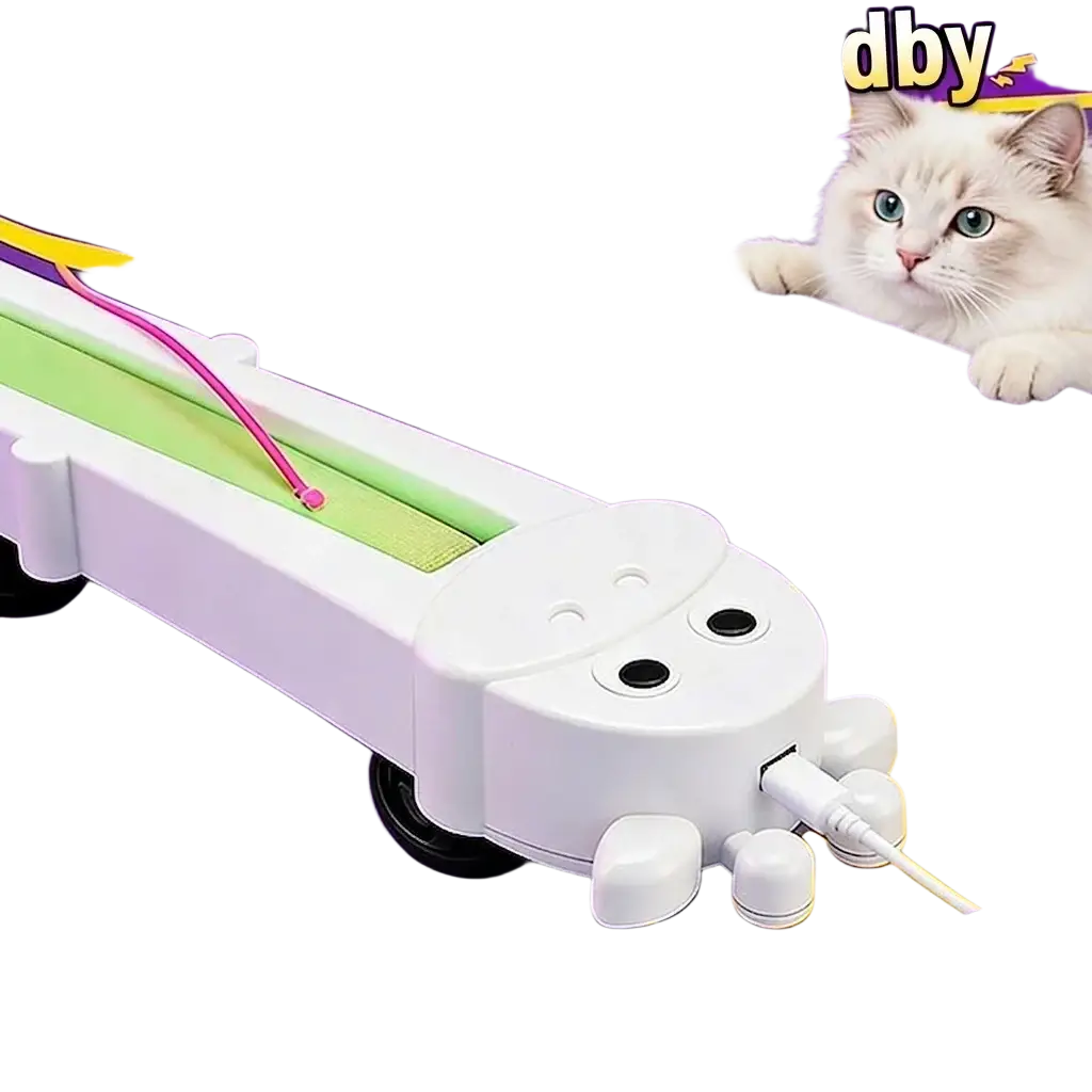 White plastic cat toy with green and pink interactive elements for wall or floor mounting in pet toys type