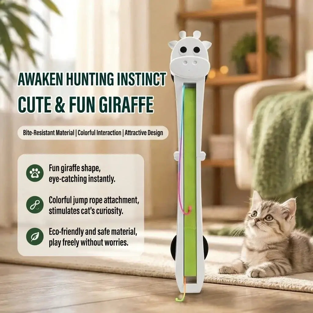 White plastic giraffe-shaped cat toys with green interactive panel and colorful jump rope for automatic flying rope play