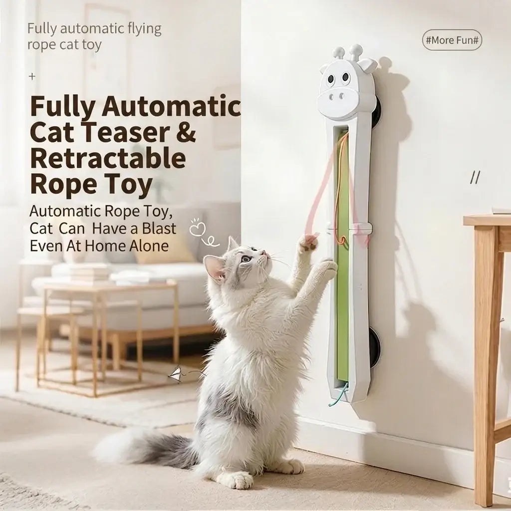 White giraffe-shaped wall-mounted cat toy with retractable pink and green rope for interactive pet play