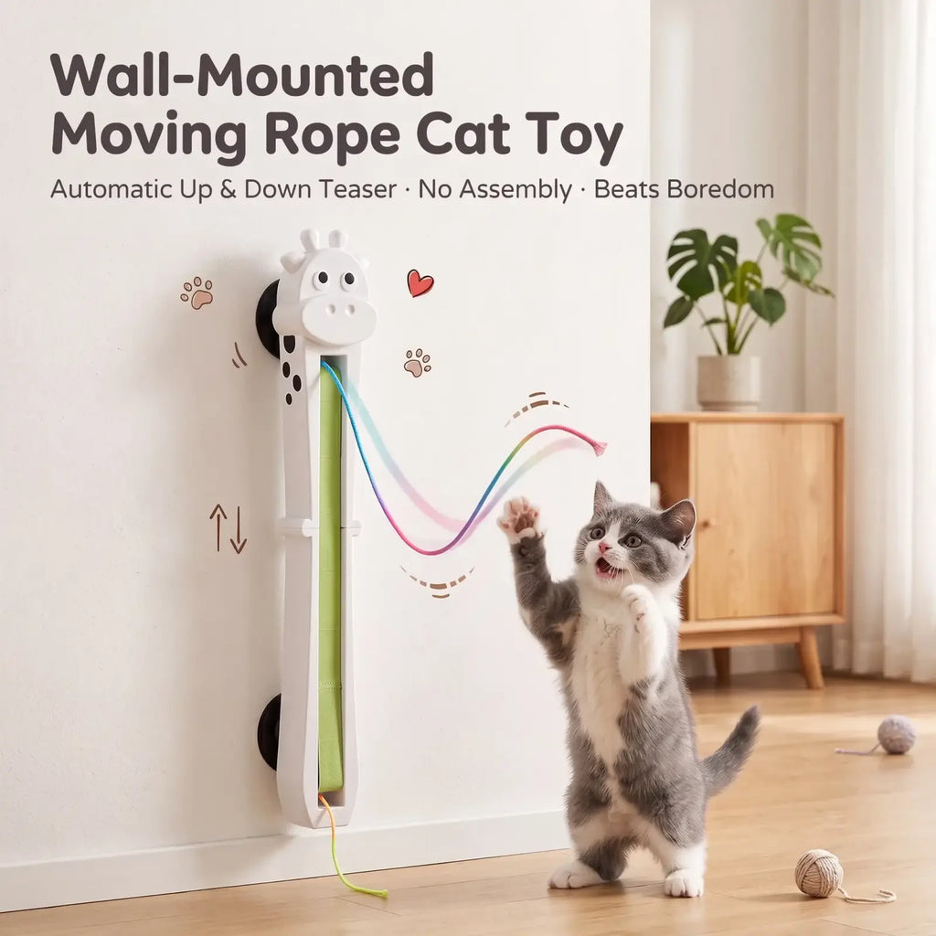 White giraffe-shaped wall-mounted automatic flying rope cat toy with green and rainbow rope for interactive pet play