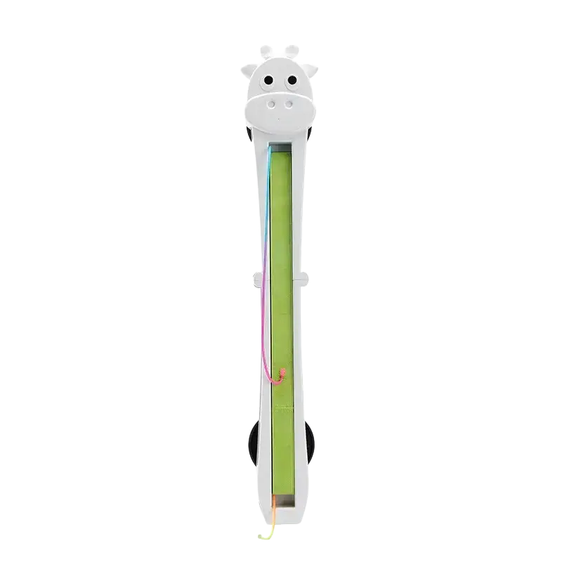White giraffe-themed children’s height measuring stick with green sliding scale and colorful string for pet toys