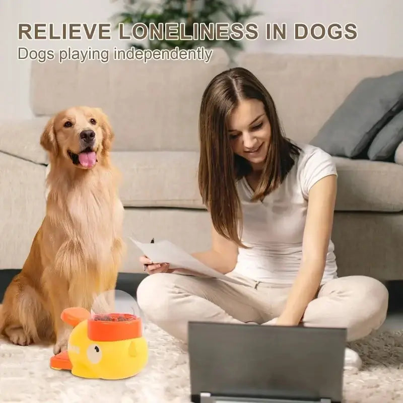 Yellow cartoon fish-shaped interactive dog toy with orange accents and red food dispenser for cat toys automatic use