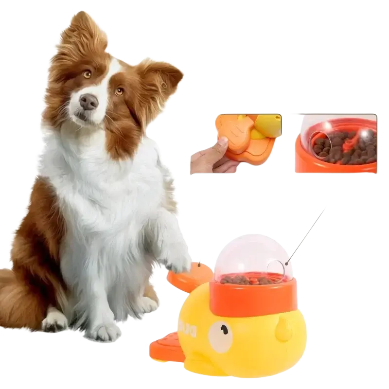 Yellow fish-shaped interactive pet feeder with orange accents and clear dome lid for cat toys automatic use