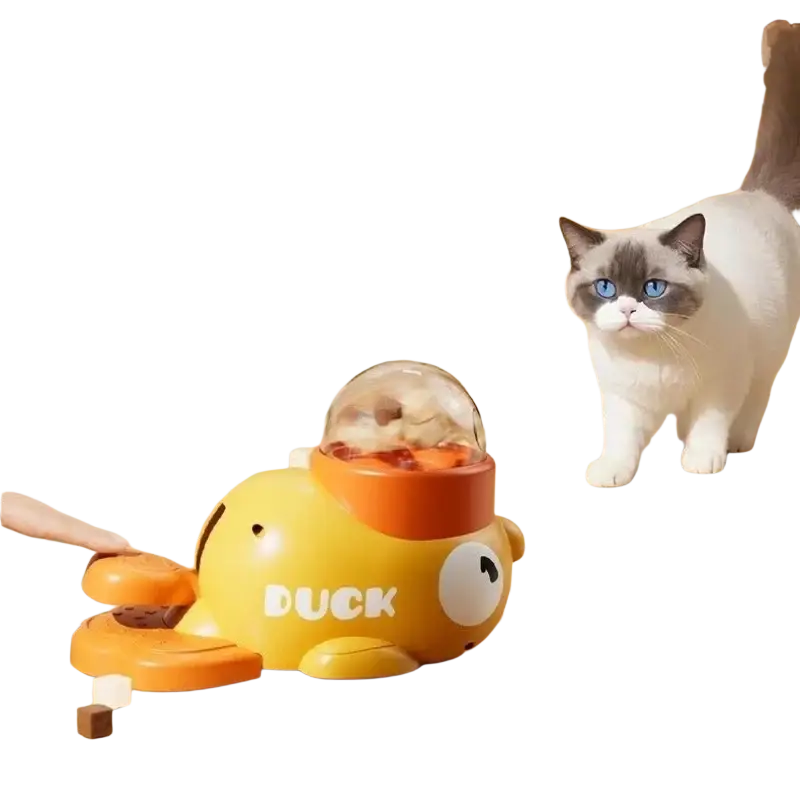 Yellow and orange duck-shaped cat toys automatic feeder with clear dome top for interactive pet feeding