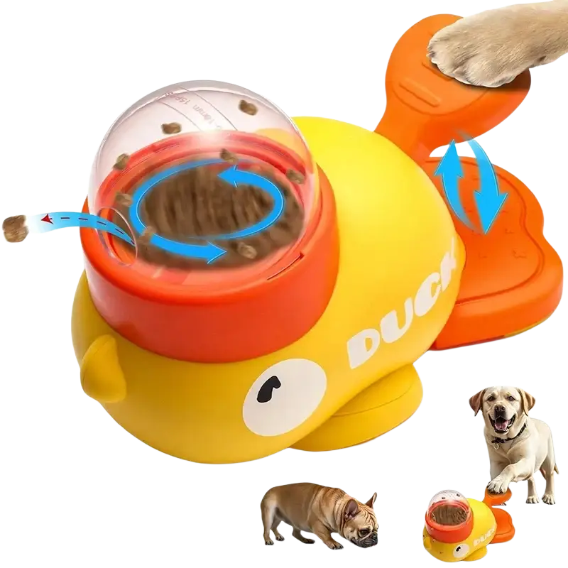 Yellow and orange duck-shaped cat toys automatic pet feeder with transparent dome lid and red accents for interactive feeding