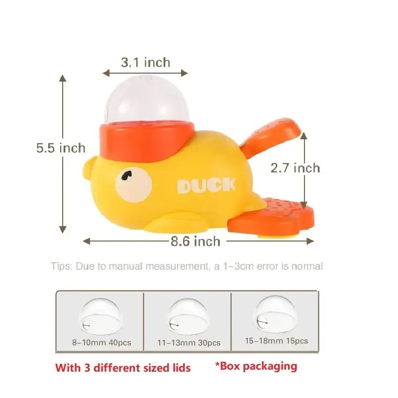 Yellow plastic duck-shaped automatic cat toy feeder with orange accents and clear dome lid for interactive use
