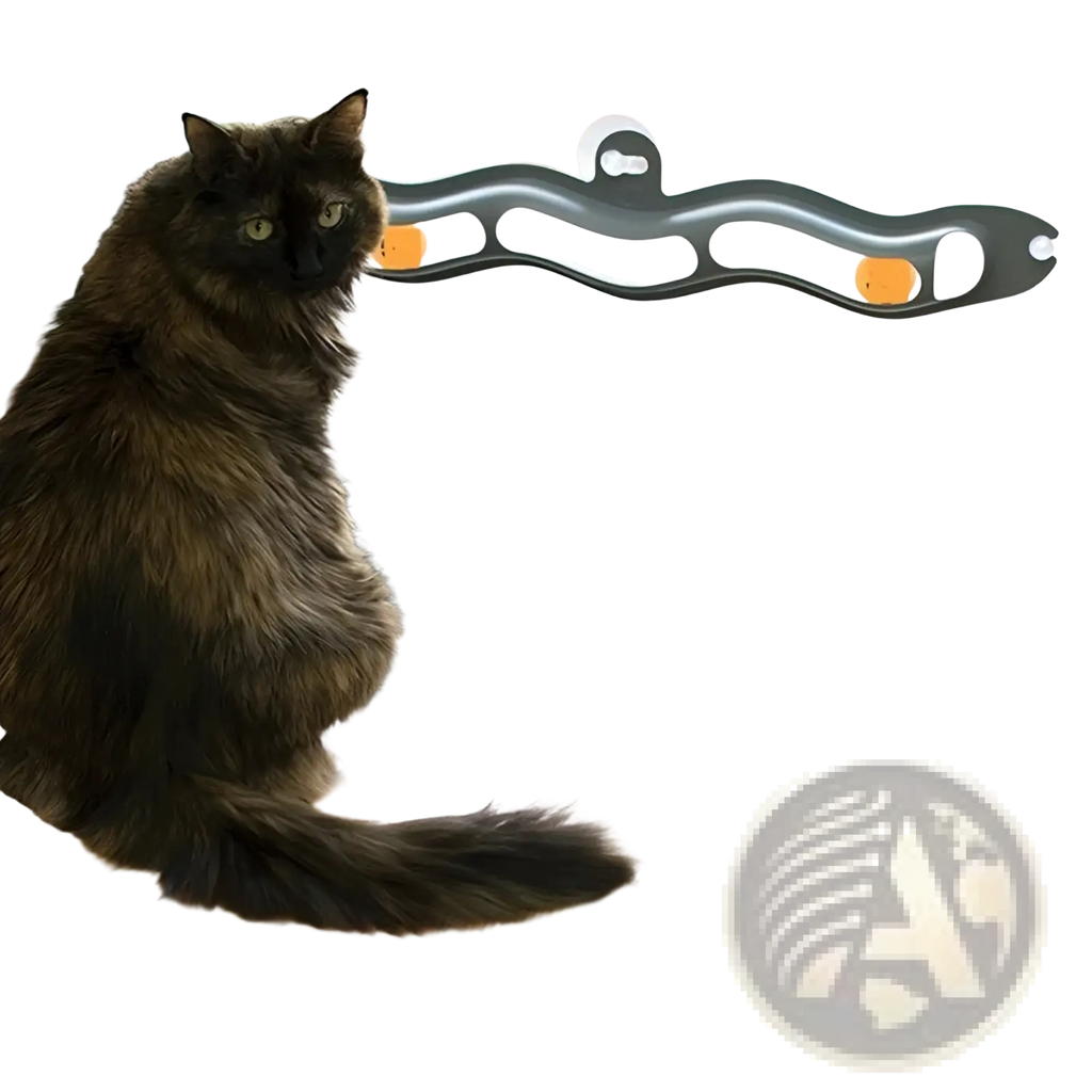 Black and orange wavy cat track ball toy with bone-shaped handle and suction cup for interactive play