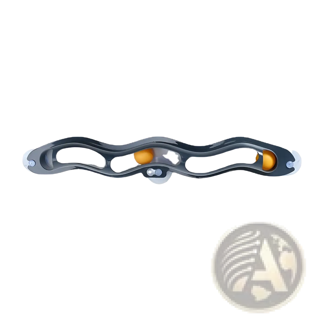Black plastic cat track ball toy with suction cups featuring two orange spherical rollers for window cleaning use