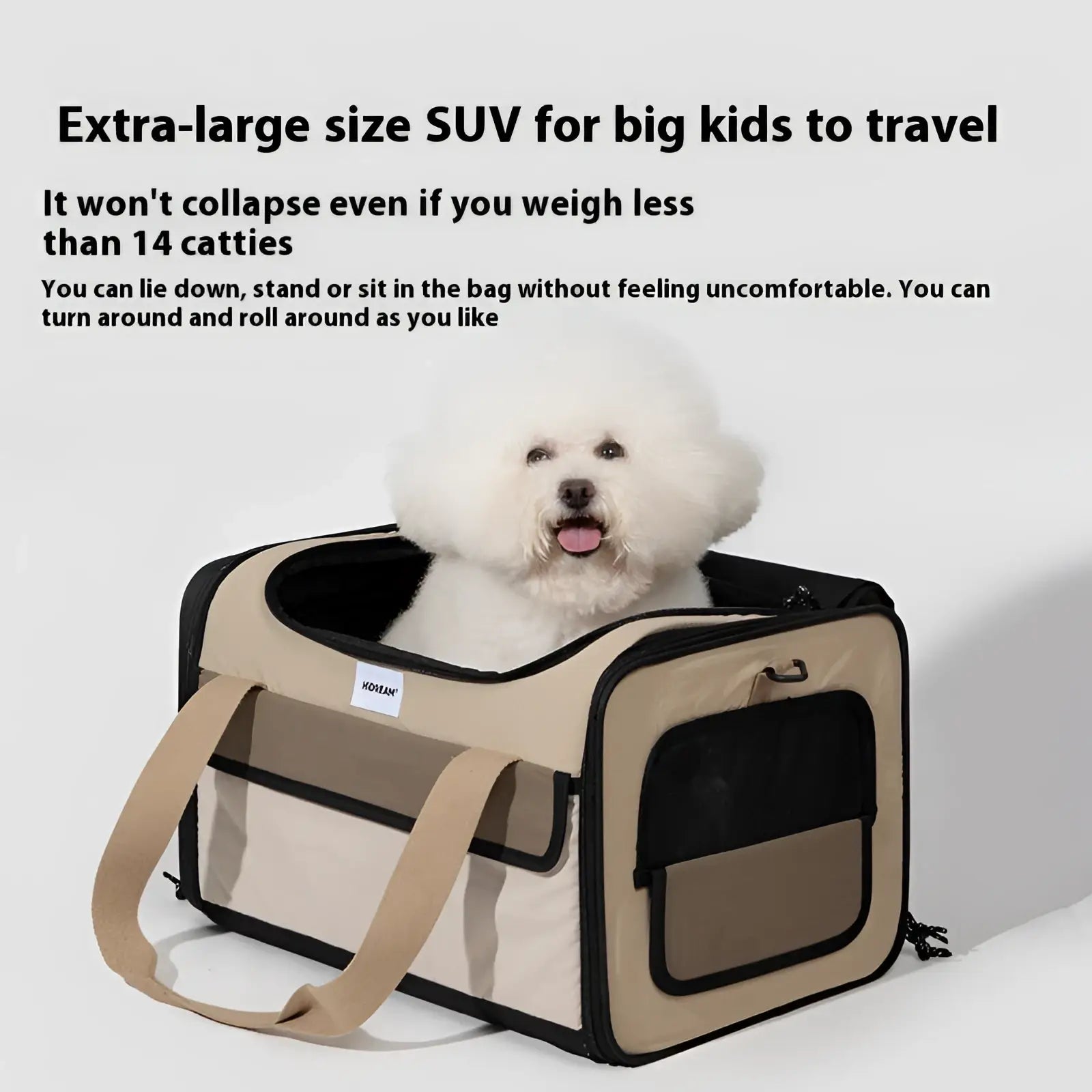 Beige and black mesh pet tote bag designed as a large dog carrier for comfortable travel