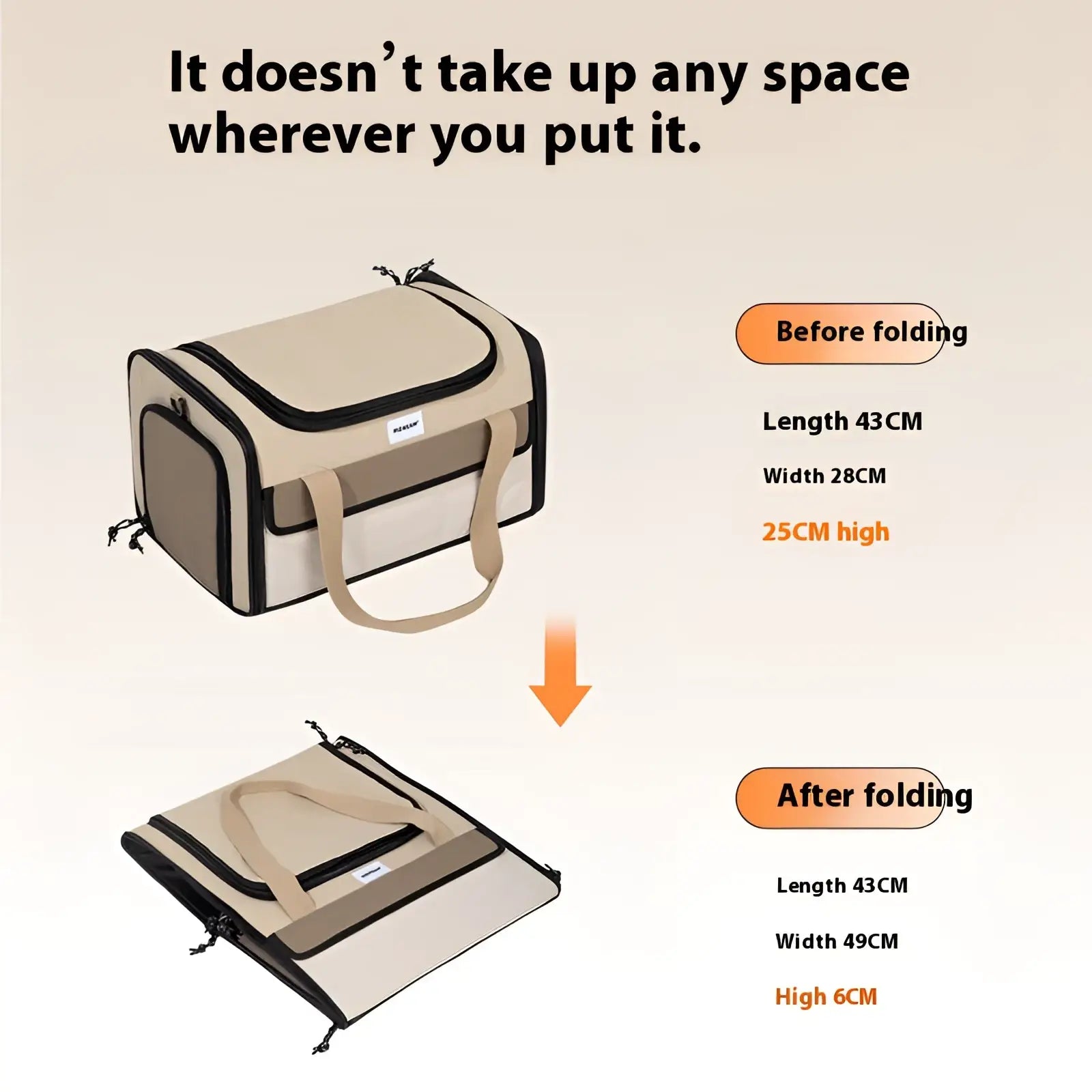 Beige and black foldable cat travel carrier with mesh panels and sturdy handles for convenient pet transport