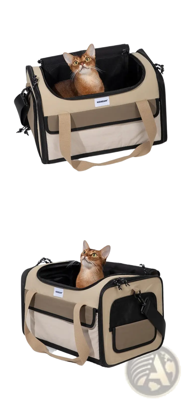 Beige and black cat travel carrier with mesh panels, sturdy fabric handles, and soft interior for safe transport