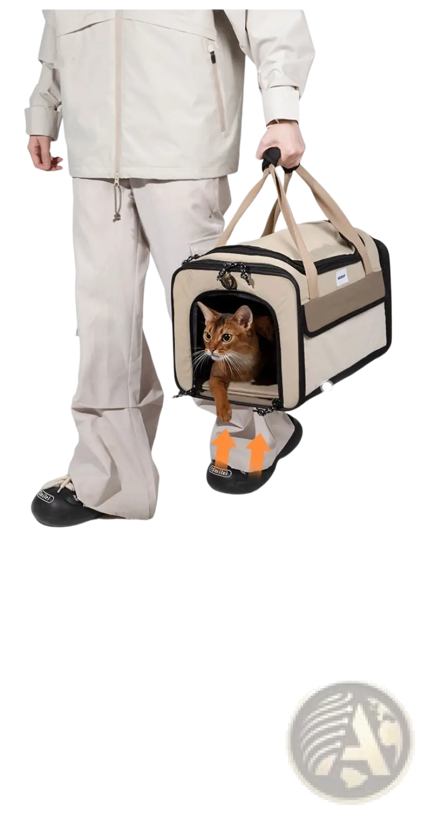 Beige and black cat travel carrier with oxford cloth, mesh panels, high-density pearl cotton lining, and fiber board base