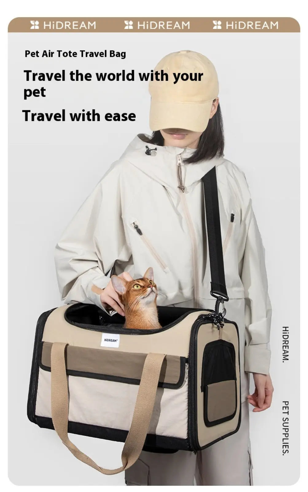 Beige and black hidream cat travel carrier made of mesh with adjustable shoulder strap for pet transport