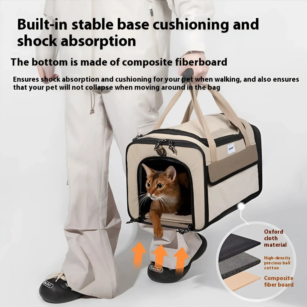 Beige and black oxford cloth cat travel carrier with mesh panels and composite fiberboard base for stable cushioning