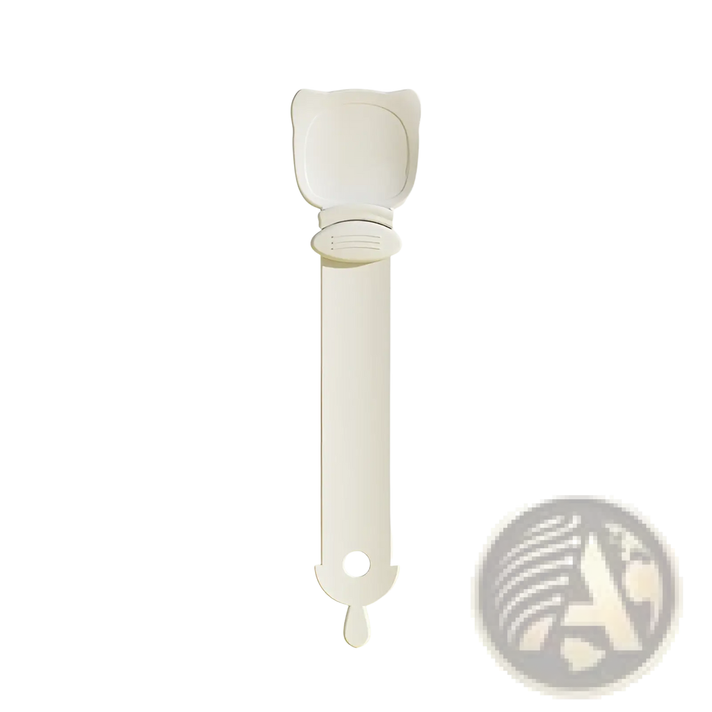 Beige plastic cat-shaped scoop with long handle and rounded edges from cat treat squeezer and silicone pet food spoon set