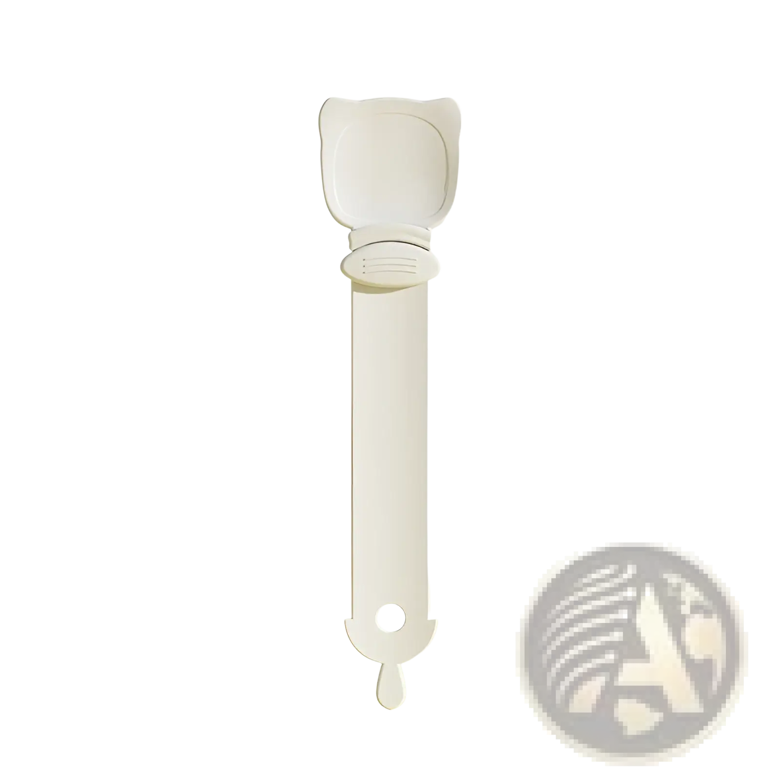 Beige plastic cat-shaped scoop with long handle and rounded edges from cat treat squeezer and silicone pet food spoon set