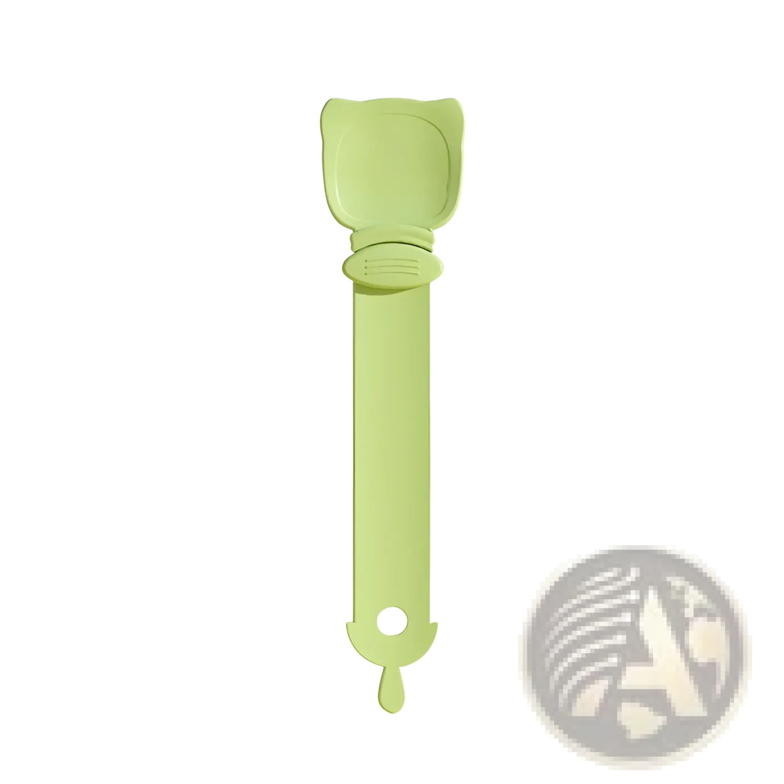 A light green cat-shaped silicone spoon with rounded head and slender handle in cat treat squeezer pet food set