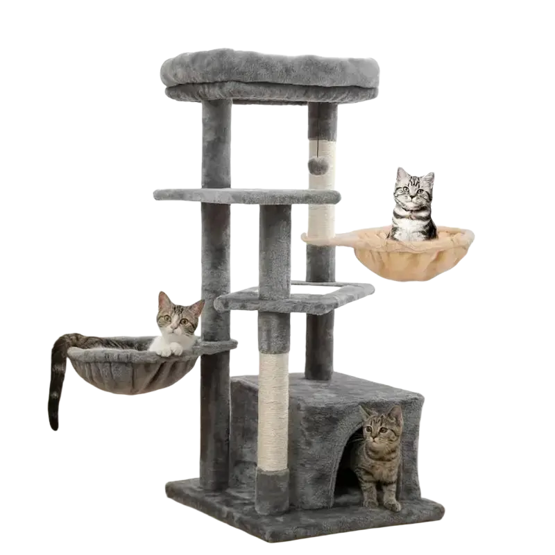 Gray plush cat tree replacement hammock with scratching posts and soft rest area for worn rest comfort