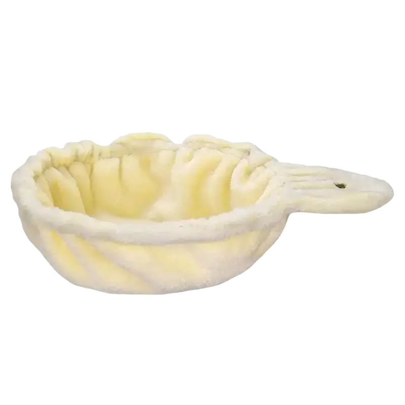 A pale yellow soft plush cat tree replacement hammock with ruffled edges and handle for a cozy worn rest area