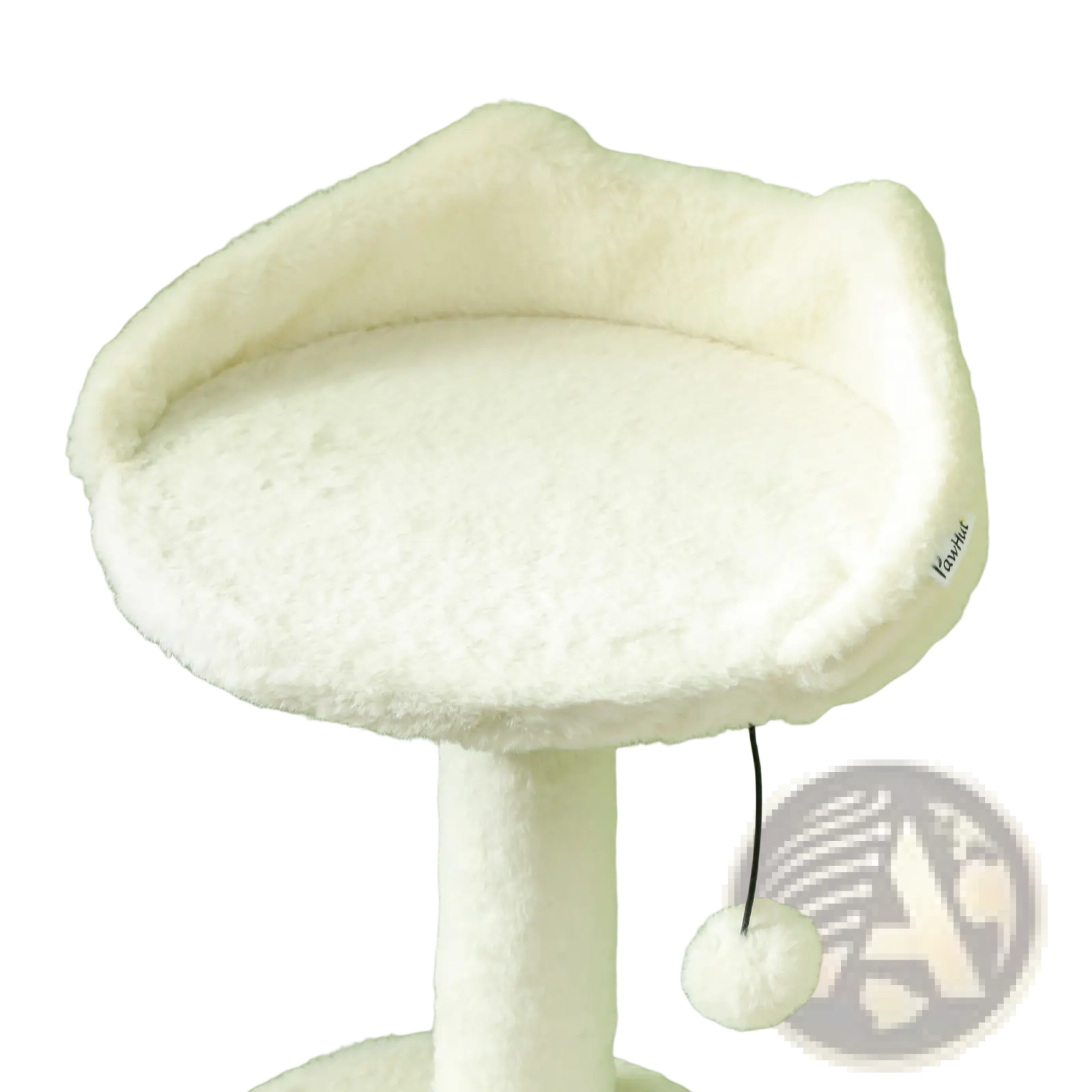 White plush cat bed with soft fluffy texture and dangling pom-pom toy attached to cat tree tower with scratching posts