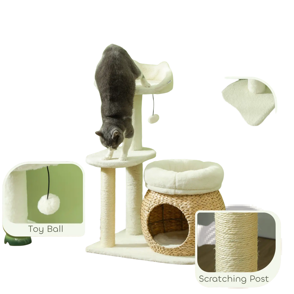 White cat tree tower with woven wicker hideaway and sisal scratching posts for active cat play and rest