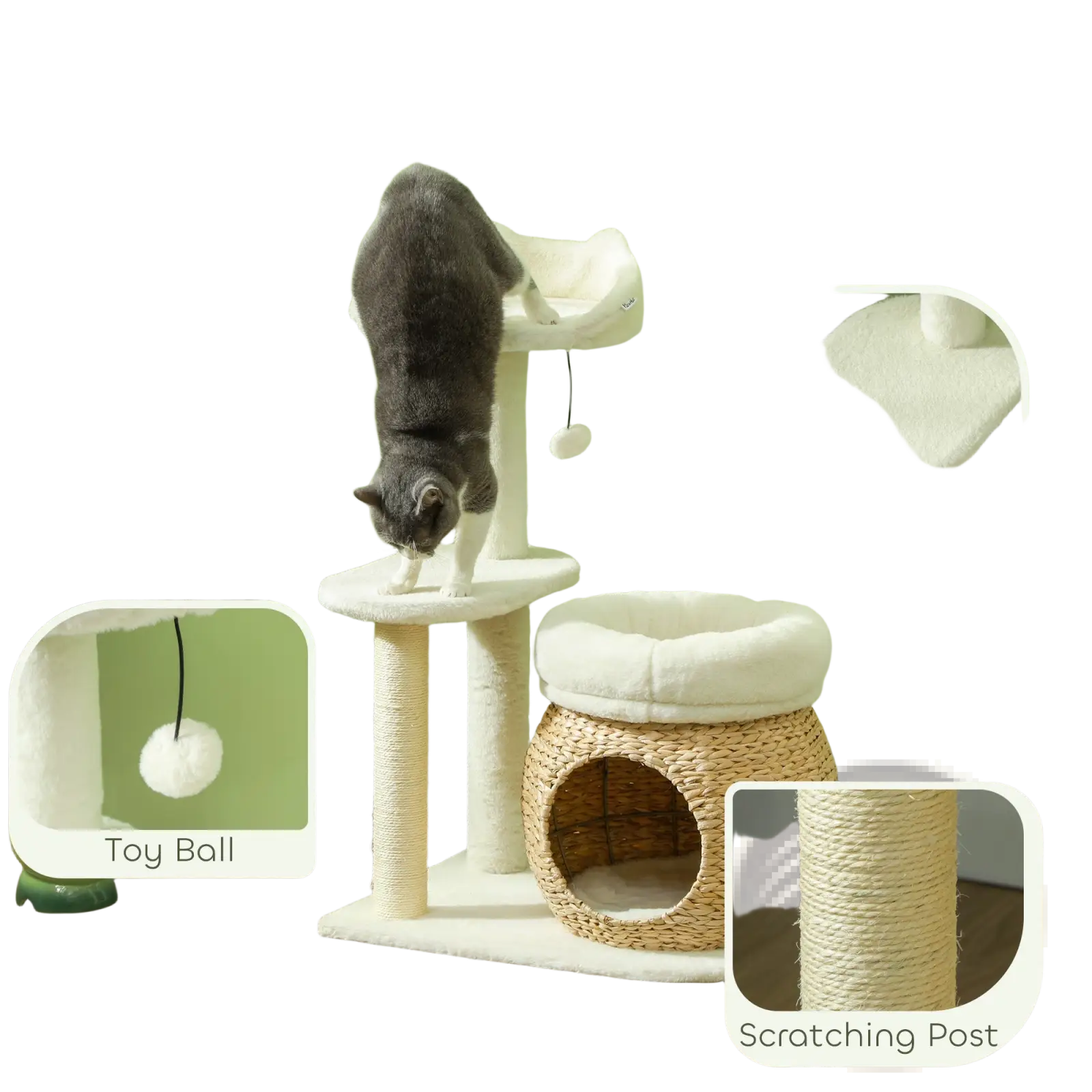 White cat tree tower with woven wicker hideaway and sisal scratching posts for active cat play and rest