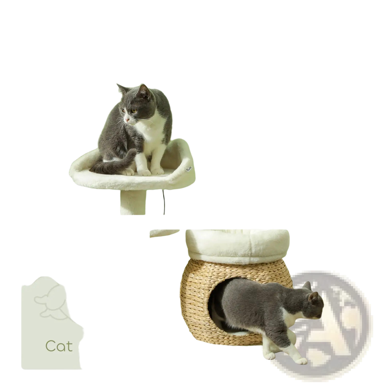 Cream-colored plush cat bed with woven wicker base and cushioned platform in cat tree tower with scratching posts