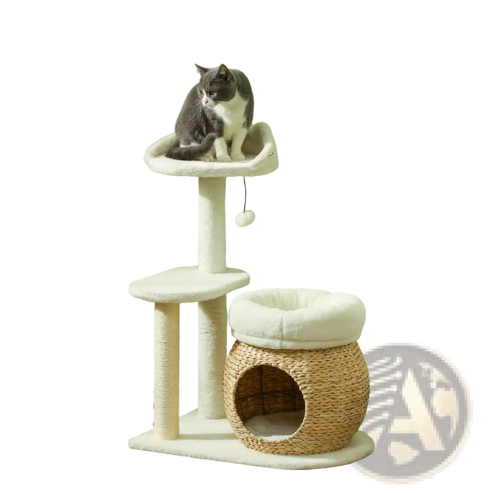 A gray and white cat on a cream-colored carpeted cat tree tower with scratching posts and woven wicker base