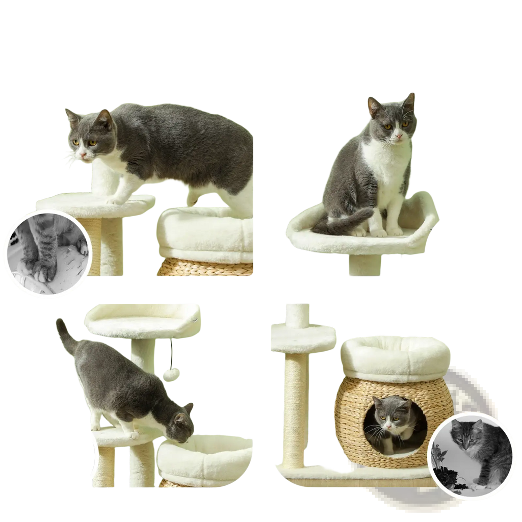 Beige and cream cat tree tower with woven wicker base plush platforms and scratching posts for pet play and rest