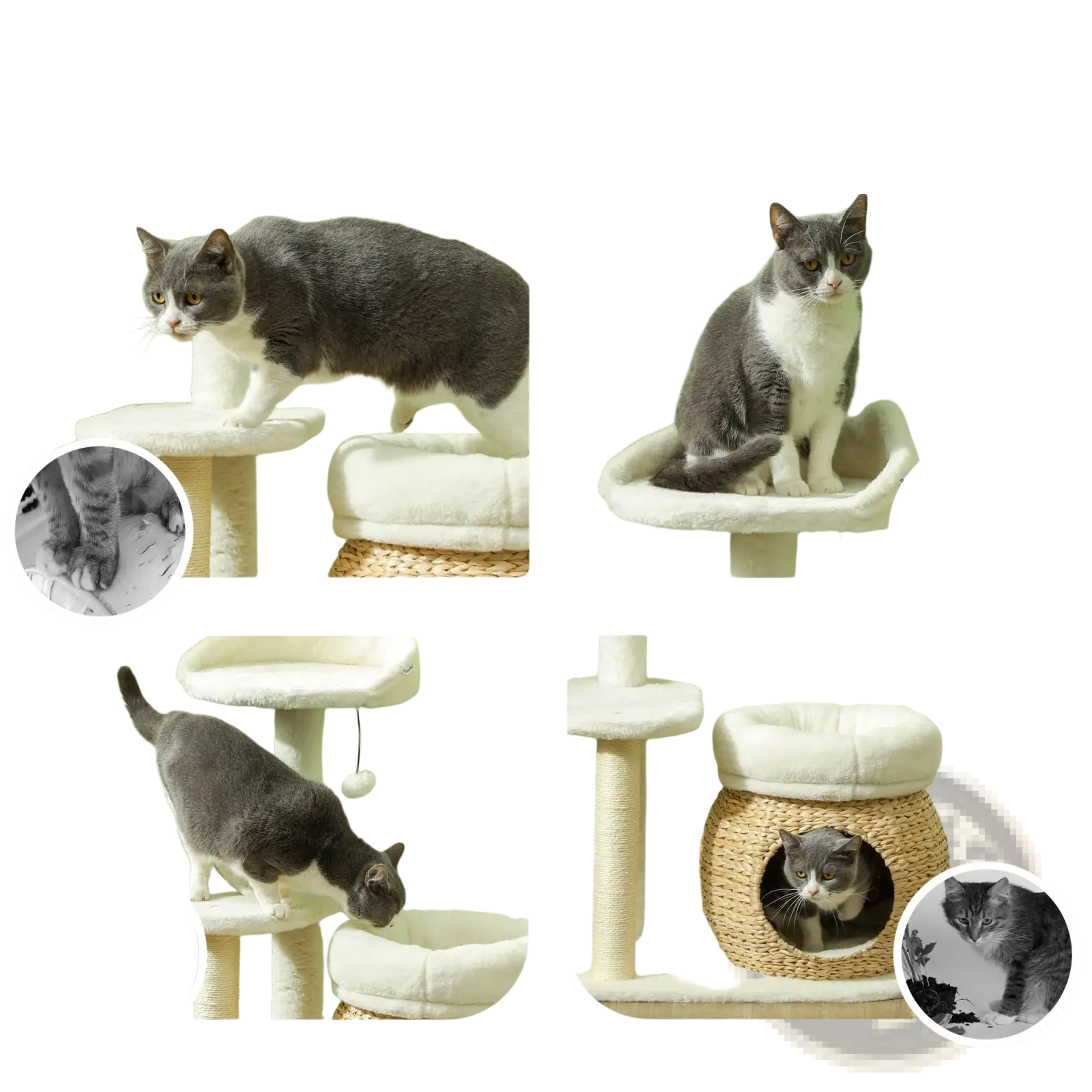 Beige and cream cat tree tower with woven wicker base plush platforms and scratching posts for pet play and rest