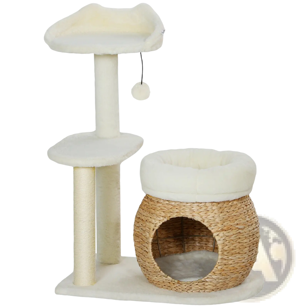 Cream-colored cat tree tower with woven wicker hideaway plush platforms and scratching posts for cats