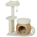 Cream-colored cat tree tower with woven wicker hideaway plush platforms and scratching posts for cats