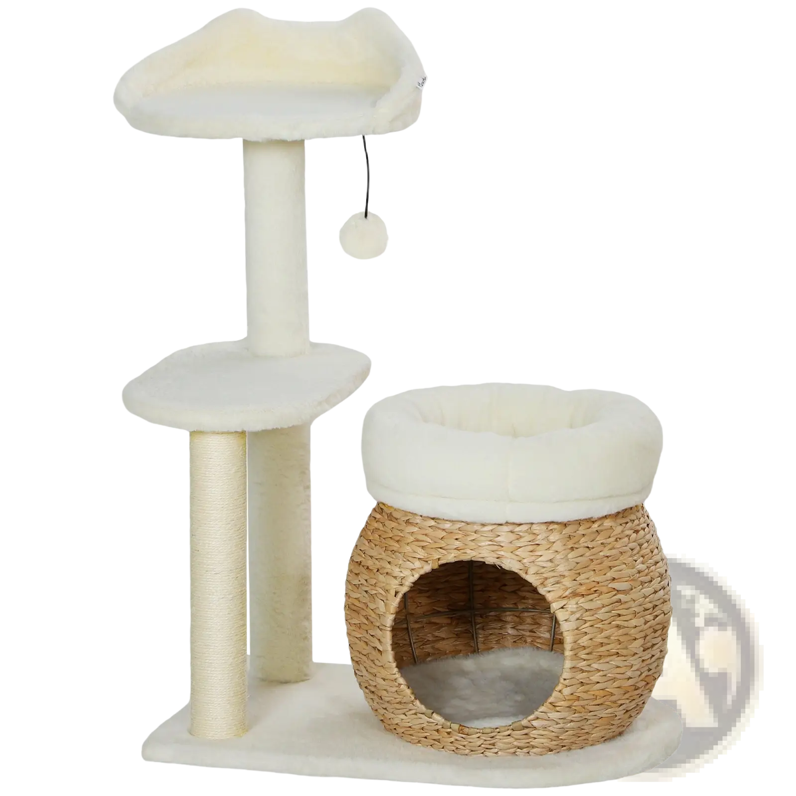 Cream-colored cat tree tower with woven wicker hideaway plush platforms and scratching posts for cats