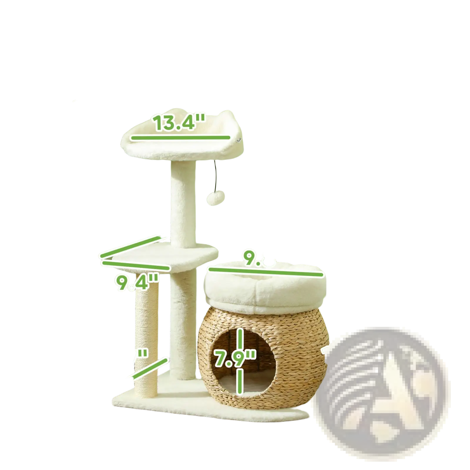 Beige and white cat tree tower with plush beds sisal scratching posts and a woven wicker base for cats
