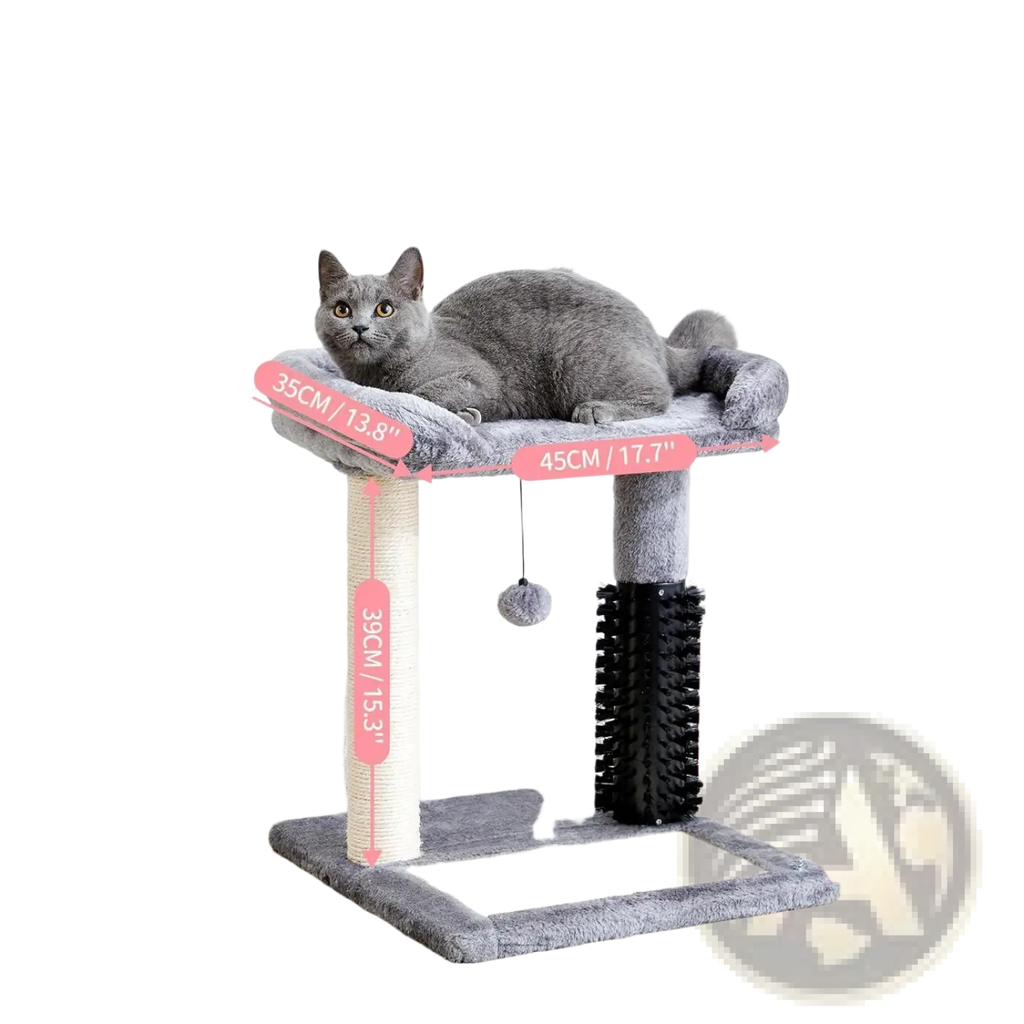 Gray cat sitting on a gray and beige cat tree tower with sisal scratching posts and dangling ball toys