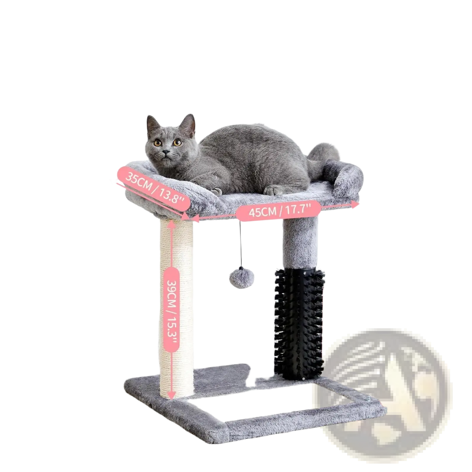 Gray cat sitting on a gray and beige cat tree tower with sisal scratching posts and dangling ball toys
