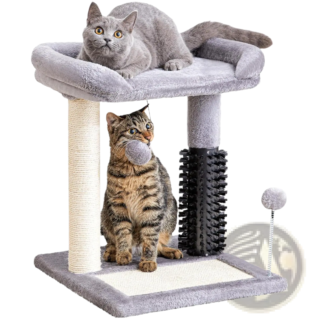 Gray plush cat tree tower with sisal scratching post black spiked massage column and dangling fuzzy ball toy