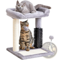 Gray plush cat tree tower with sisal scratching post black spiked massage column and dangling fuzzy ball toy