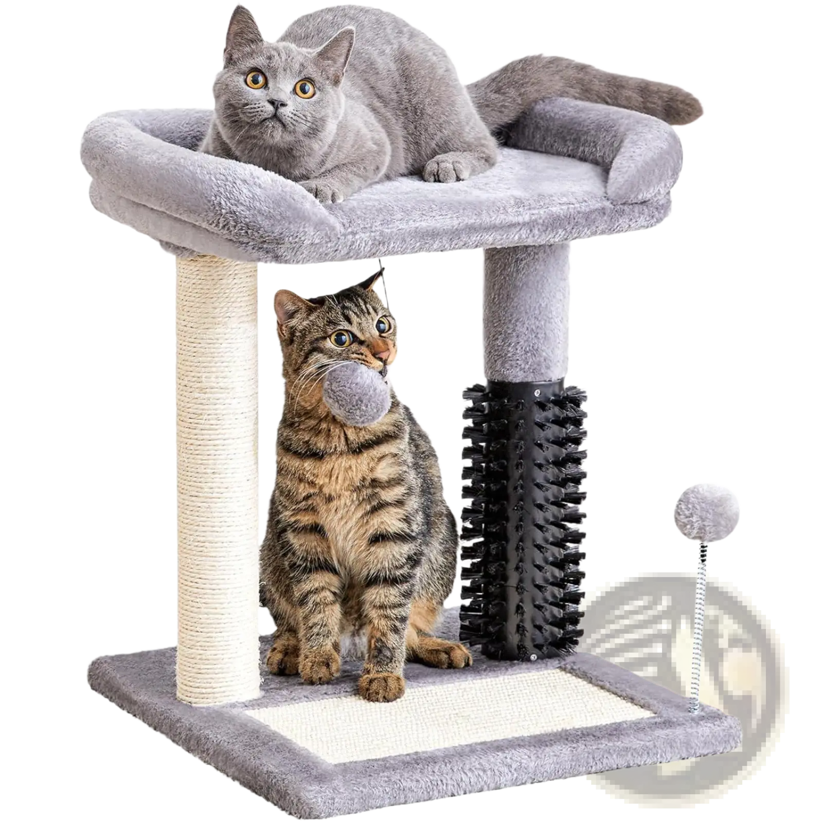 Gray plush cat tree tower with sisal scratching post black spiked massage column and dangling fuzzy ball toy