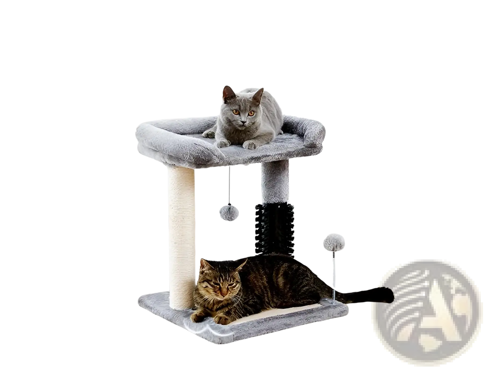 Gray plush cat tree tower with sisal-wrapped post and black textured scratching surface for cat scratching