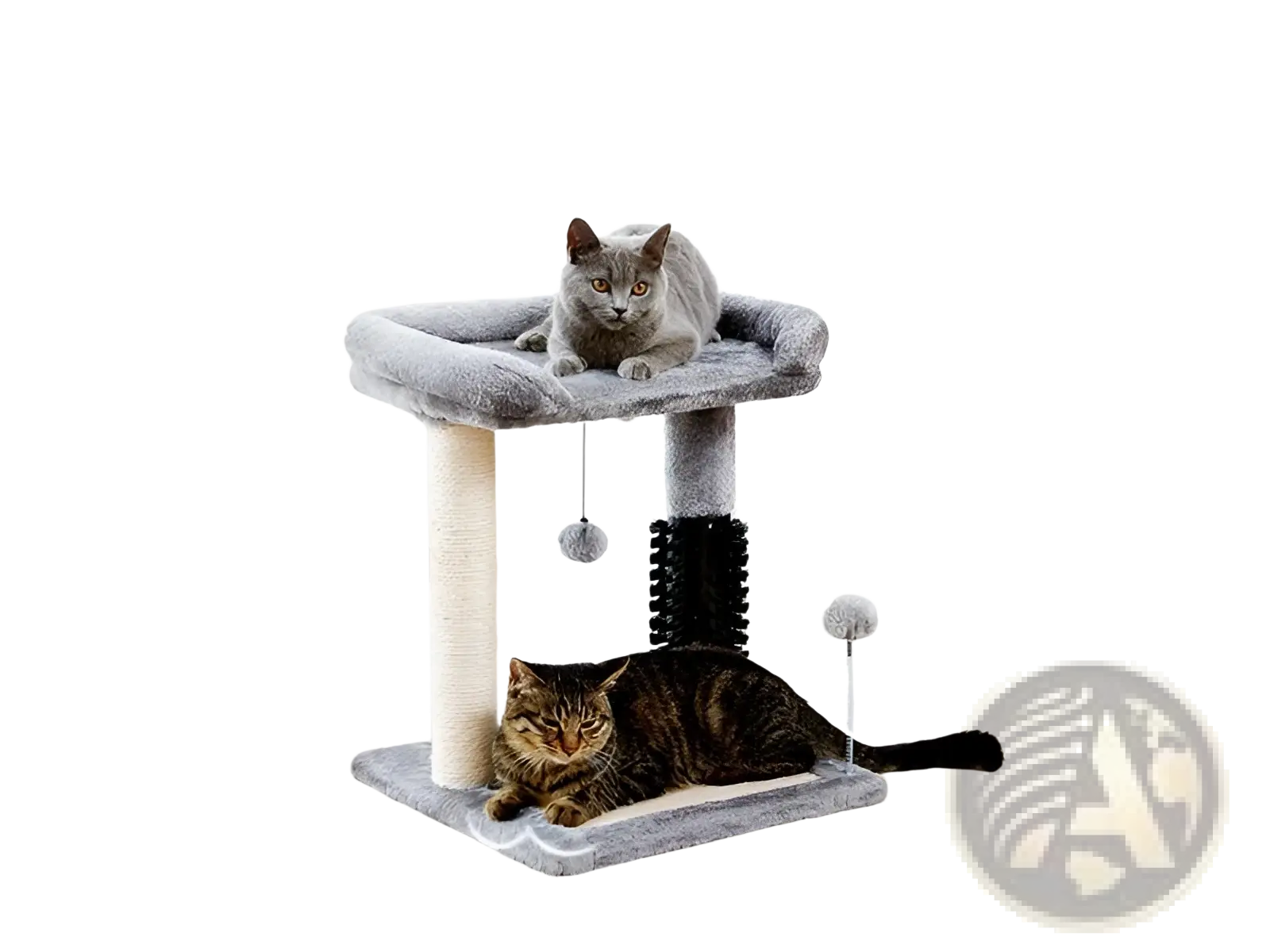 Gray plush cat tree tower with sisal-wrapped post and black textured scratching surface for cat scratching
