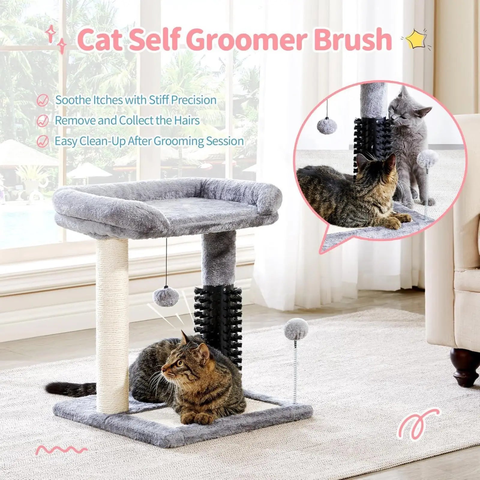 Gray plush cat tree tower with sisal scratching posts and self-grooming brush attachment for cats