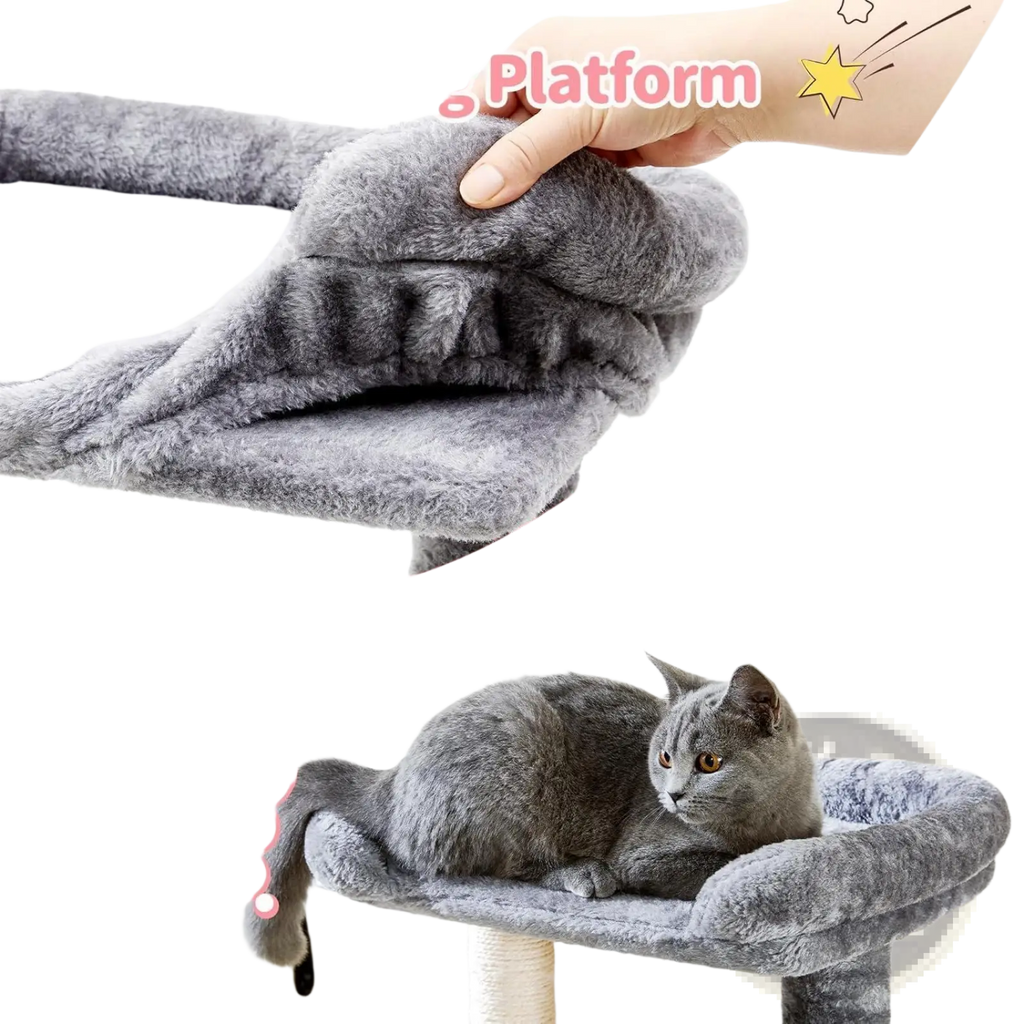 Gray plush cat tree resting platform with detachable and washable fabric and sisal scratching post for cats